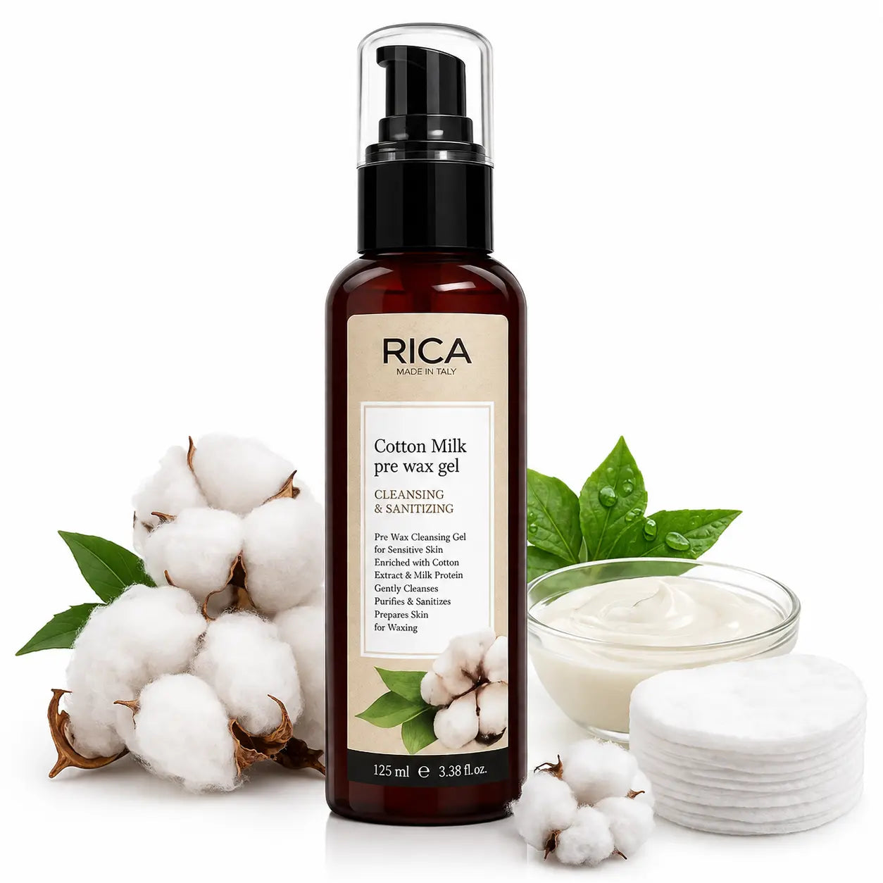 Rica Cotton Milk Pre Wax Gel 125ml for cleansing and preparing skin before waxin