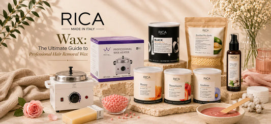 Rica Wax professional hair removal wax guide banner featuring Brazilian wax, liposoluble wax, wax beads, wax heater, and pre wax gel.