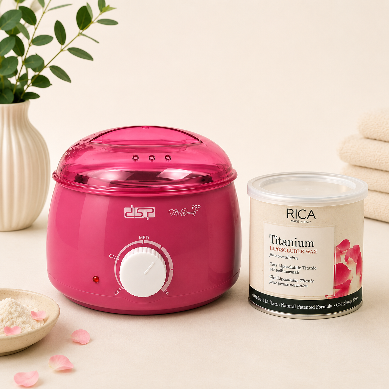 Pink Wax Heater with Rica Liposoluble 400ml Wax kit