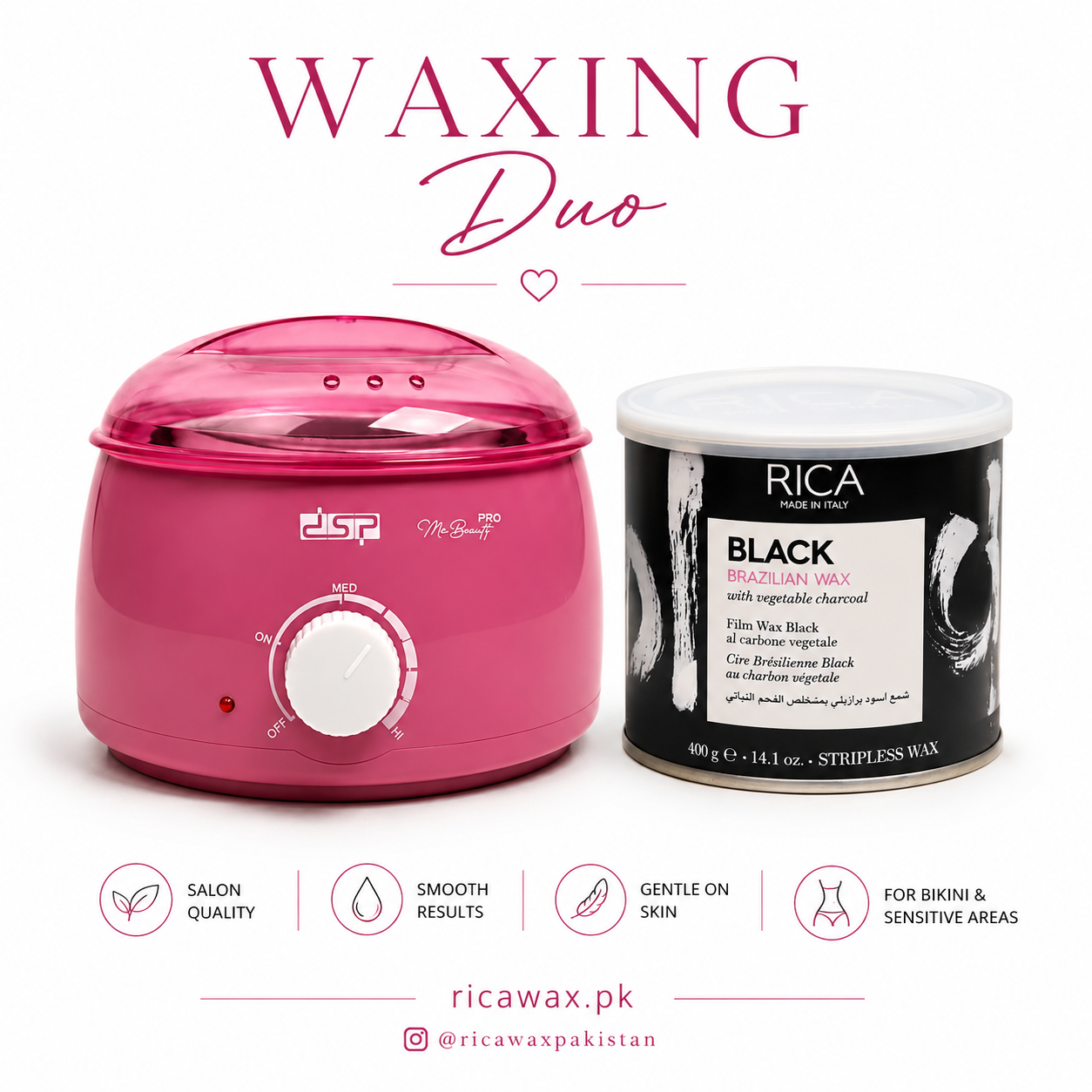 Pink Wax Heater with Rica Brazilian 400ml Wax kit
