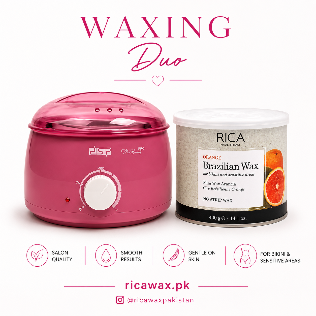Pink Wax Heater with Rica Brazilian 400ml Wax kit