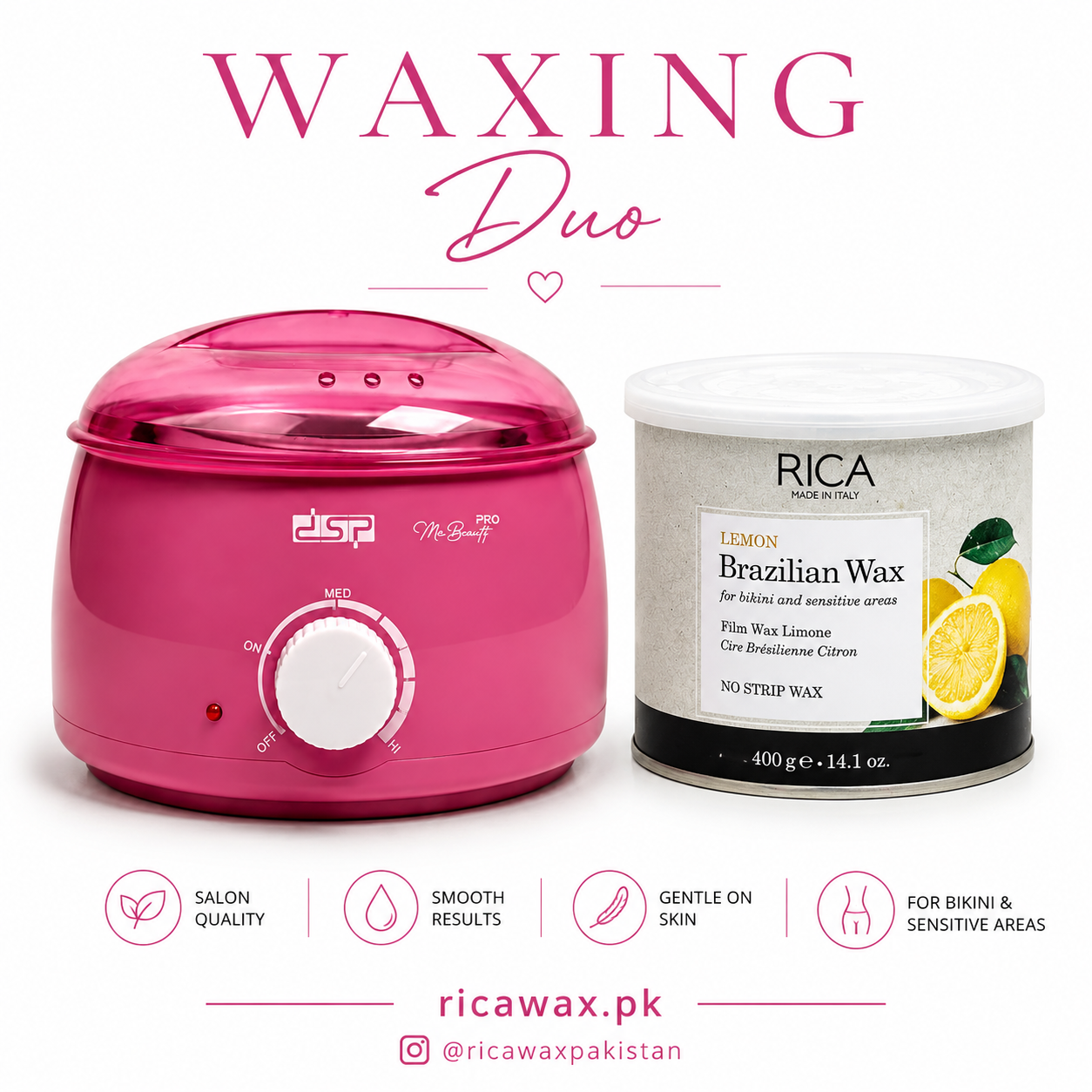 Pink Wax Heater with Rica Brazilian 400ml Wax kit