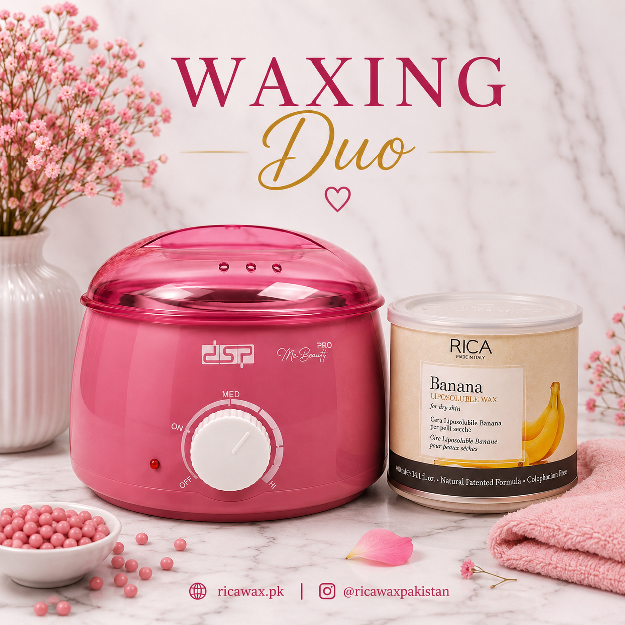 Pink Wax Heater with Rica Liposoluble 400ml Wax kit