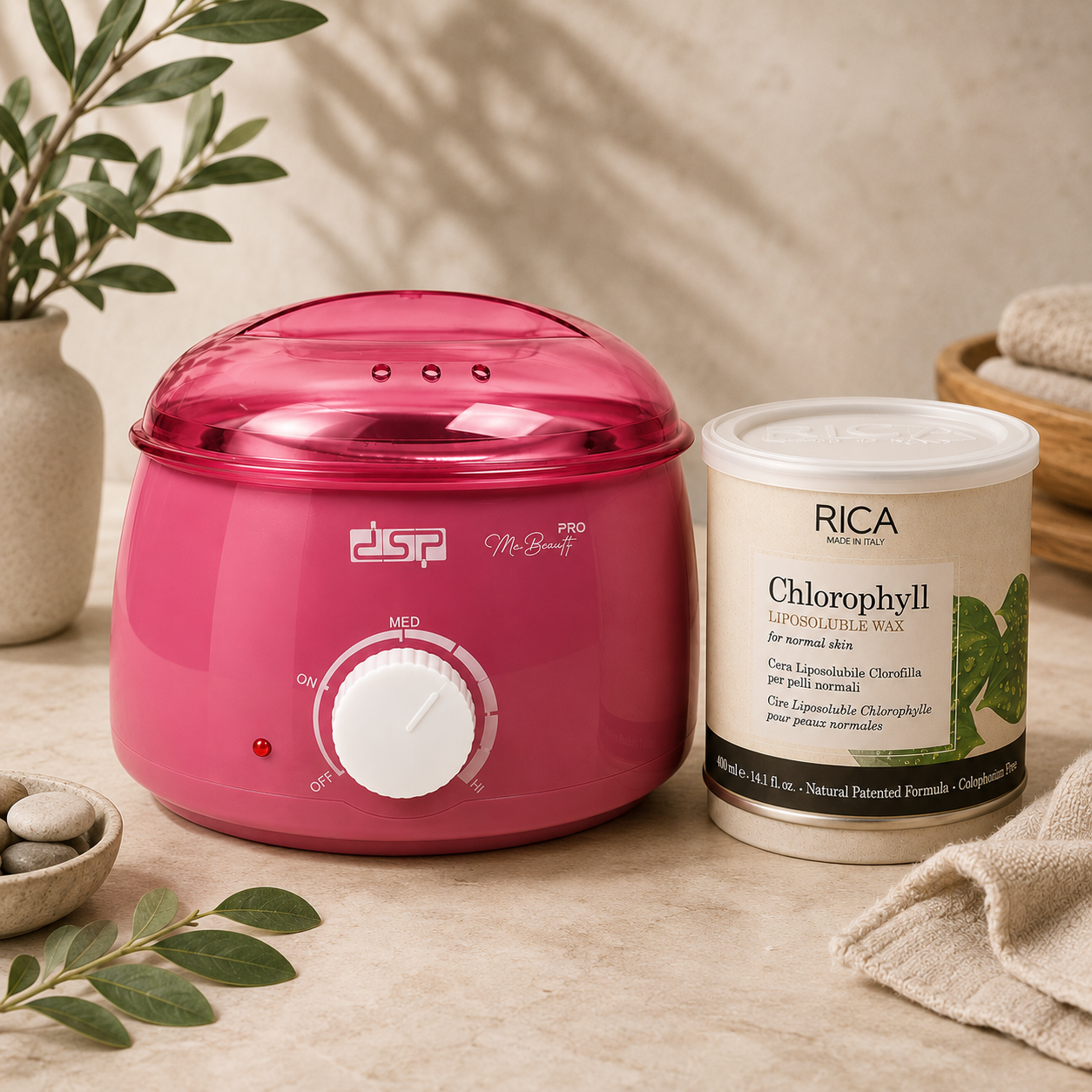 Pink Wax Heater with Rica Liposoluble 400ml Wax kit