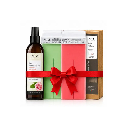 RICA 4-in-1 Waxing Bundle with roll-on wax cartridges, after wax lotion, and waxing strips