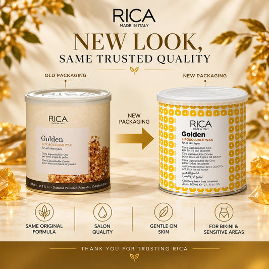 Original RICA Golden Liposoluble Wax 800ml old and new packaging comparison 