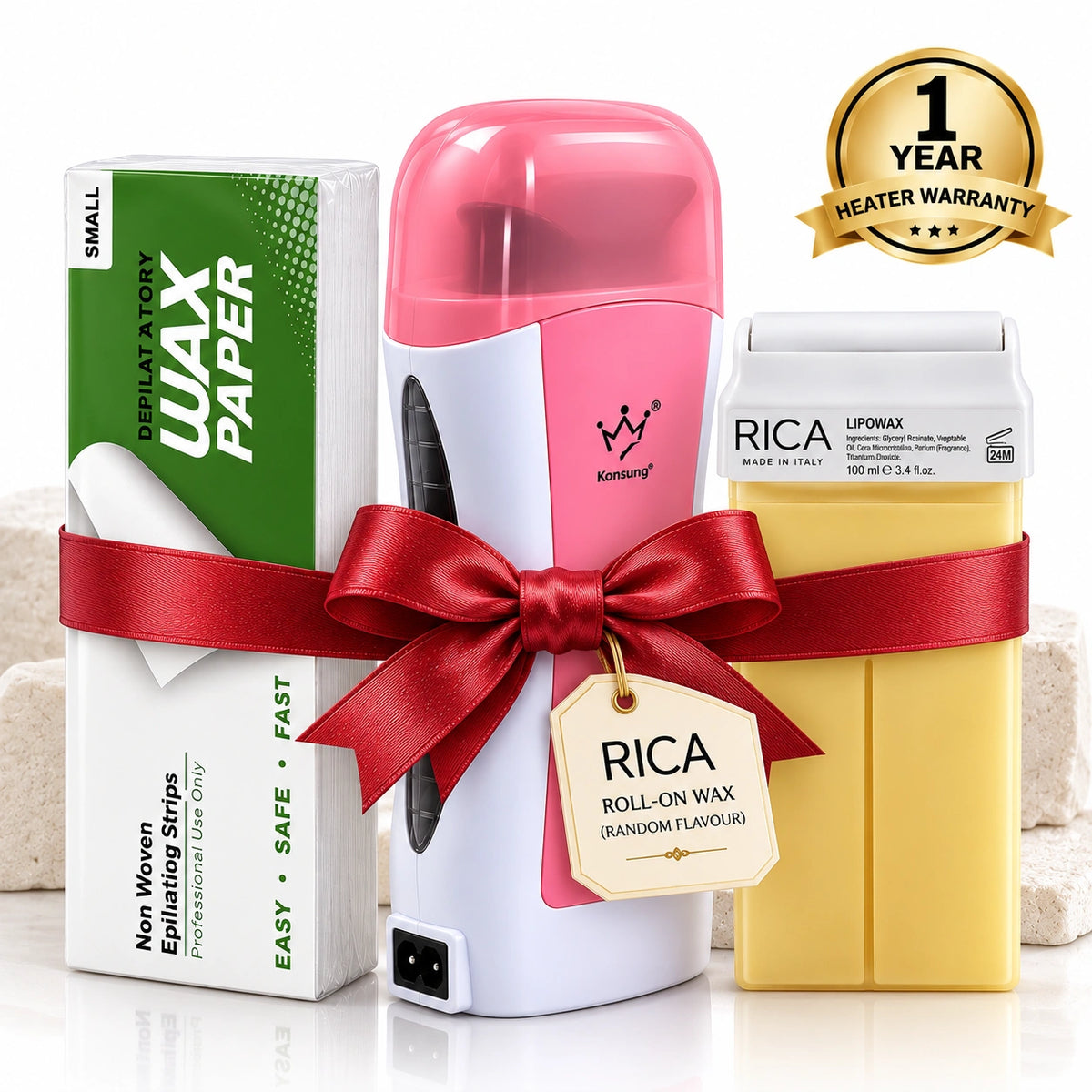 RICA Smart Roll-On Professional Waxing Deal with Konsung heater, random flavour 100ml refill wax, and Lily’s non-woven waxing strips