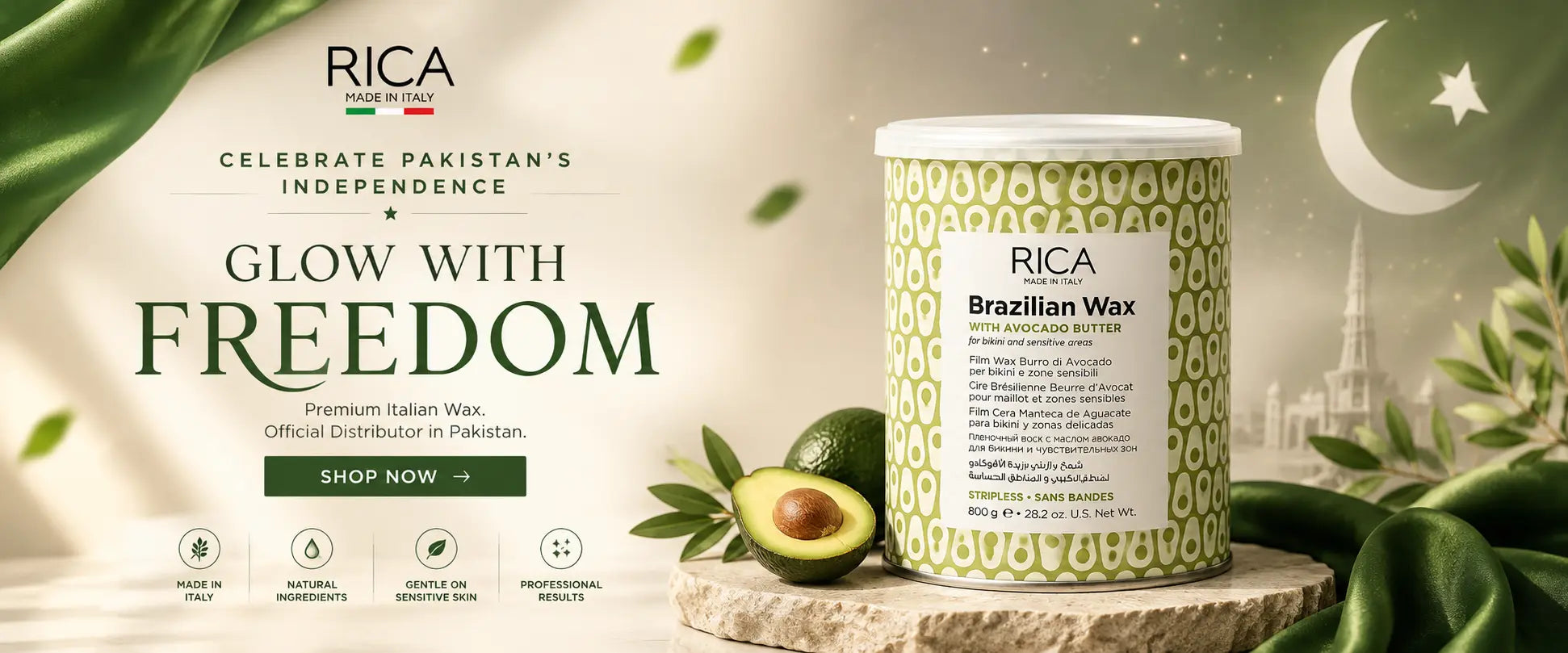 Rica Brazilian Wax with Avocado Butter 800ml website banner featuring premium Italian stripless wax for sensitive skin with Pakistan Independence Day theme.