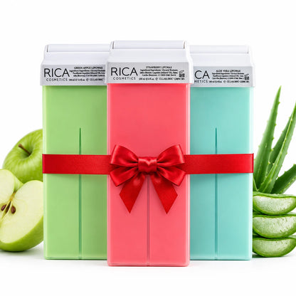 Original Rica Roll-On Wax Gift Set – Green Apple, Strawberry & Aloe Vera 100ml Cartridges | Professional Hair Removal Wax